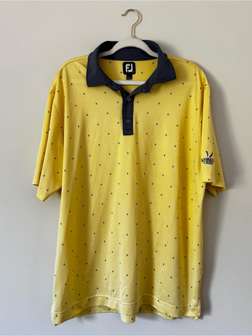 FootJoy FJ Whiskey Creek Golf Polo, Two Tone Yellow & Blue Diamond Print – XL